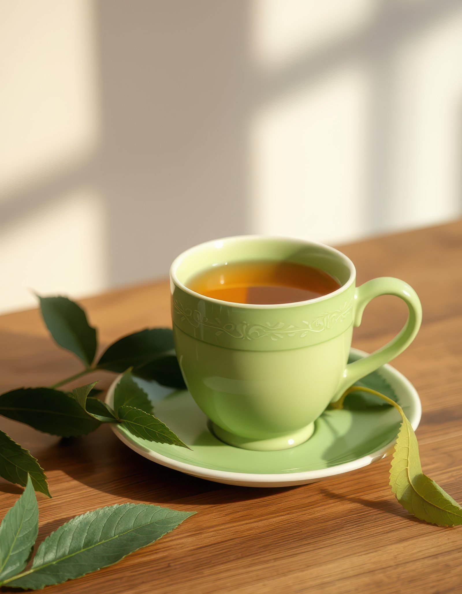 Green tea in a cup on a wooden table surrounded by leaves in morning sunlight